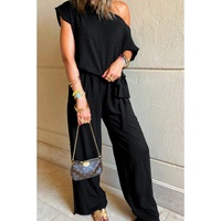 Black Checkered Mesh One Shoulder Short Sleeve Knotted Waist Jumpsuit - S thumbnail