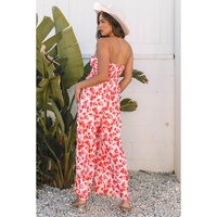 Pink Floral Print Twisted Bandeau Keyhole Pleated Wide Leg Jumpsuit - L thumbnail