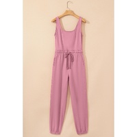 Light Pink Lace-up Elastic Waist Sleeveless Square Neck Jumpsuit - L thumbnail