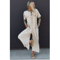 Beige Half Placket Chest Pockets Short Sleeve Wide Leg Jumpsuit - L thumbnail