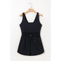 Black Plain Sleeveless Loop Drawstring Cinched Waist Romper - M thumbnail
