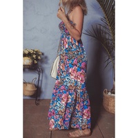 Pink Floral Smocked Bust Spaghetti Straps Wide Leg Jumpsuit - L thumbnail