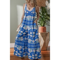 Blue Floral Print Wide Leg Sleeveless Jumpsuit - M thumbnail