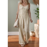 Beige Ruched High Waist Sleeveless Wide Leg Jumpsuit - S thumbnail