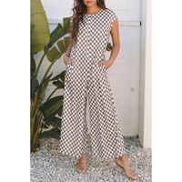 Khaki Checkered Print Buttoned Crew Neck Wide Leg Jumpsuit - L thumbnail