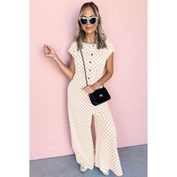 Apricot Checkered Print Buttoned Crew Neck Wide Leg Jumpsuit - L thumbnail