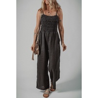 Black Spaghetti Straps Shirred Bodice Pocketed Wide Leg Jumpsuit - S thumbnail