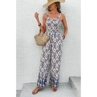 Blue Boho Geometric Print Shirred High Waist Wide Leg Jumpsuit - L thumbnail