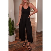 Black Spaghetti Straps Open Back Pleated Wide Leg Jumpsuit - L thumbnail