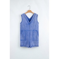 Sky Blue Mineral Wash Pocketed Sleeveless V Neck Loose Romper - S thumbnail