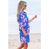 Blue Summer Flower Print Shirt Collar Button Front Loose Romper - M thumbnail
