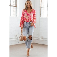 Pink Floral Print Tiered Bell Long Sleeve Buttoned Bodysuit - L thumbnail