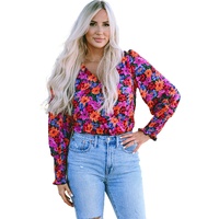 Floral Print Wrap V Neck Long Sleeve Bodysuit - L thumbnail