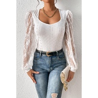White Frenchy Contrast Lace Bishop Sleeve Bodysuit - L thumbnail