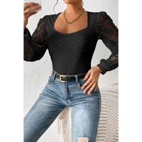 Black Frenchy Contrast Lace Bishop Sleeve Bodysuit - L thumbnail
