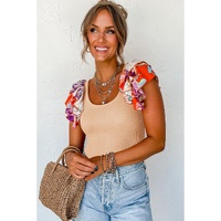 Parchment Ribbed Knit Tiered Ruffled Sleeve Bodysuit - L thumbnail