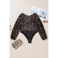 Black Deep V Back Sequin Puff Sleeve Bodysuit - L thumbnail