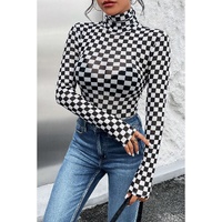 Black Checkered Printed Long Sleeve High Neck Bodysuit - S thumbnail