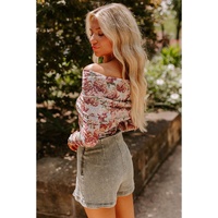 Pink Floral Printed Long Sleeve Sheath Bodysuit - L thumbnail