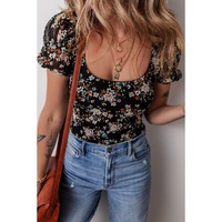 Black Floral Print U Neck Short Puff Sleeve Bodysuit - XL thumbnail