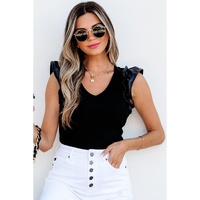 Black Leatherette Ruffle Patchwork Ribbed V Neck Bodysuit - S thumbnail