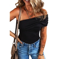 Black Solid Color Pleated One Shoulder Bodysuit - L thumbnail