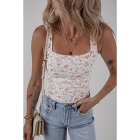 White Floral Textured Square Neck Sleeveless Bodysuit - L thumbnail