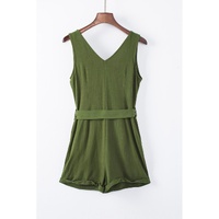 Green Button V Neck Romper with Belt - S thumbnail
