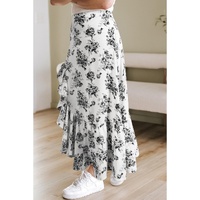 Black Boho Floral High Waist Ruffle Split Maxi Skirt - L thumbnail