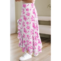 Rose Boho Floral High Waist Ruffle Split Maxi Skirt - M thumbnail