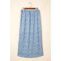 Sky Blue Boho Floral High Waist Long Skirt with Side Split - S thumbnail