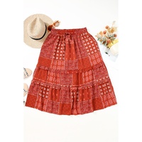 Red Bohemian Mix Print Long Flared Skirt - XL thumbnail