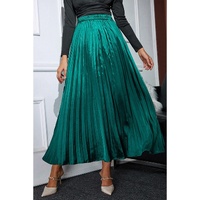 Blackish Green Satin Elastic Waist Pleated Maxi Skirt - XL thumbnail
