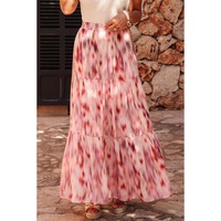 Pink Abstract Watercolor Tie Dye Tiered Maxi Skirt - L thumbnail