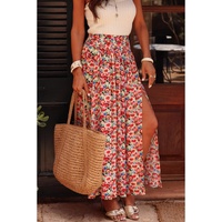 Red Floral Print Wide Waistband Side Slit Maxi Skirt - XL thumbnail