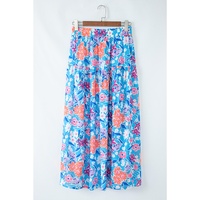 Sky Blue Floral Printed High Waist Split Wrap Long Skirt - S thumbnail
