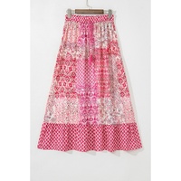 Red Boho Pattern Print Tassel Drawstring High Waist Maxi Dress - L thumbnail