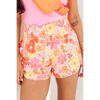 Orange Boho Floral Shirred High Waist Casual Shorts - L thumbnail