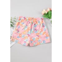 Pink Floral Print Side Pockets Drawstring Casual Shorts - M thumbnail