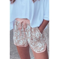 Khaki Classic Leopard Arched Hem Elastic Waist Casual Shorts - S thumbnail