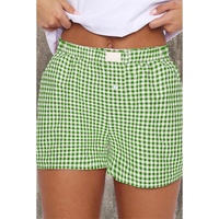 Fern Green Red Plaid Gingham Printed High Waist Shorts - M thumbnail