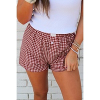 Red Plaid Gingham Printed High Waist Shorts - M thumbnail