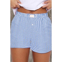 blue Red Plaid Gingham Printed High Waist Shorts - L thumbnail