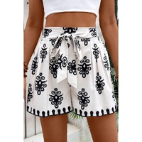 Black Tribal Geometric Print Belted High Waist Casual Shorts - L thumbnail