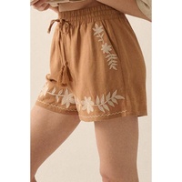 Khaki Embroidered Boho Tasseled Drawstring Elastic Waist Casual shorts - L thumbnail