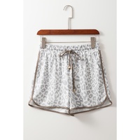 White Leopard Elastic Waist Lace up Contrast Trim Casual Shorts - L thumbnail