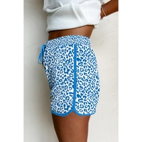 Blue Leopard Elastic Waist Lace up Contrast Trim Casual Shorts - L thumbnail