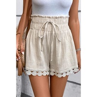 Apricot Textured Frilled Knotted High Waist Lace Hem Shorts - M thumbnail