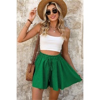 Dark Green Textured Frilled Lace-up High Waist Ruffle Wide Leg Shorts - L thumbnail