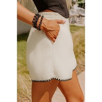 White Waffle Texture Contrast Ricrac Hemline Casual Shorts - S thumbnail